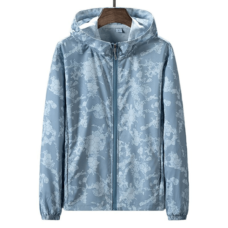 Lightweight waterproof men's windbreaker with zipper in blue, designed for outdoor comfort and protection from elements.
